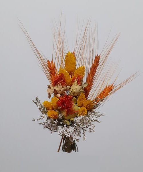 Koszorú rátét sárga fénymaggal, szárazvirágból