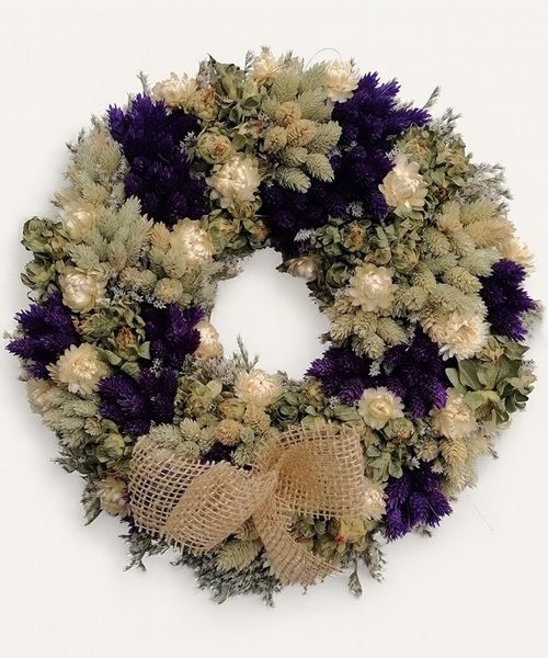 Szárazvirág koszorú lila fénymaggal