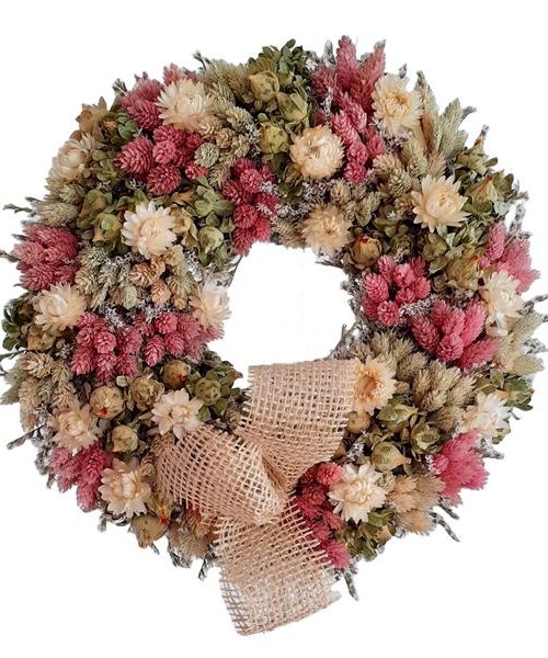 Szárazvirág koszorú rózsaszín fénymaggal